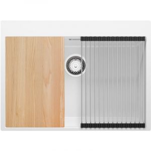 Primagran - vier Cusine en Granit 68x50 cm, Lavabo Cuisine 1 Bac + Kit de Vidage, Évier au meuble 70cm, Évier à Encastrer de Blanc