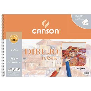 Canson Dibujo Basik Premium Album de dessin reliure à anneaux métalliques A3 Plus paysage 20 feuilles blanc naturel