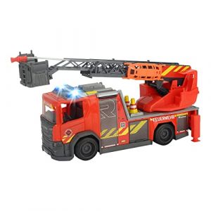 Dickie Toys Scania Escabeau rotatif pour pompiers avec fonction jet d'eau et de roses, lumière et son, piles incluses, avec échelle rotative et pieds rétractables, 25 cm, rouge