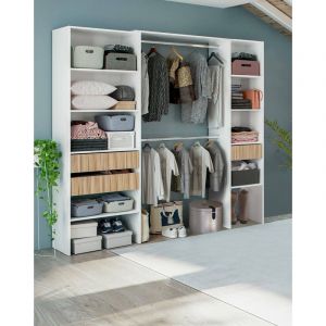 Dmora - Armoire Worland, Meubles de chambre à coucher, Cintre avec étagères et tiroirs 3, 196x40h187 cm, Blanc et Chêne, avec emballage renforcé