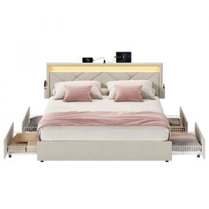 Lit double 140 x 190 cm t&ecirc;te de lit rembourr&eacute;e ajustable beige