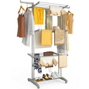 Image de Vounot &Eacute;tendoir &agrave; Linge &agrave; 4 Niveaux 125x62x173cm Sechoir &agrave; Linge Pliable Grande Capacit&eacute; avec roulettes Ailes lat&eacute;rales Utilisation Int&eacute;rieure et Ext&eacute;rieure Gris