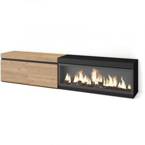 Meuble TV, Banc T&eacute;l&eacute;, 210, Pour les TV jusqu'&agrave; 80", Chemin&eacute;e &eacute;lectrique XXL, Beige et noir, RF3266