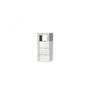 Commode de salle de bains large 35cm, 3 tiroirs, collection BURA. Coloris blanc brillant laqué et gris aspect béton