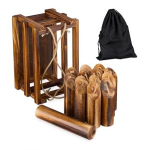Relaxdays Jeu de Lancer Semblable au Kubb, finlandais, Bois, pour Petits et Grands, nombres, Sac et Caisse, Marron