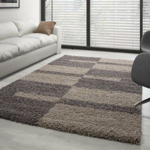 ROMA - Tapis Shaggy à motifs Traits - Taupe et Beige 200 x 290 cm