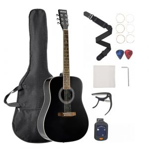 VEVOR Guitare Acoustique Dreadnought 6 Cordes, 103 cm, Table en &Eacute;pic&eacute;a Massif Noir, Fond en Acajou, Touche Palissandre, avec Sac &agrave; Dos Portable, Accordeur, Sangle, M&eacute;diators, Capodastre, pour Adultes