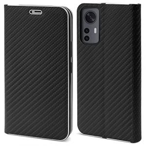 Moozy Étui portefeuille pour Xiaomi 12 et Xiaomi 12X, Black Carbon - Étui à rabat avec bordure métallique, fermeture magnétique, porte-cartes et fonction béquille
