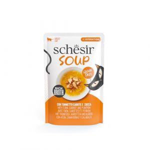 Schesir Soupe aux Filets de Thon aux Carottes et Citrouille, Nourriture Humide complémentaire pour Chats, Recette Originale, 100% Naturelle, 12 enveloppes de 40 g