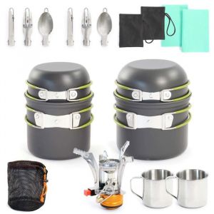 Toboli Set de vaisselle Camping 16 pièces Équipement de cuisine Plein air avec couverts et tasses