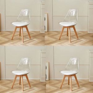 Lot de 4 chaises transparentes, chaises de salle à manger coussin en PU design scandinave(Blanc)
