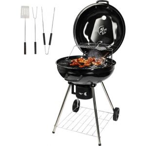 Barbecue au charbon de bois Goliving - Ø54 cm - Accessoires inclus - Barbecue au charbon de bois sur roues - BBQ XXL avec couvercle - Rond - 65 x 89 cm - Noir - Métal