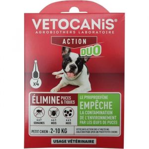 Vetocanis Action Duo Pipette Anti-Puces Anti-Tiques Chien Traitement et Protection Antiparasitaire Petit 2-10 kg Habitat Pack de 4 pipettes