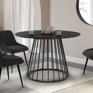 Idmarket Table à manger ronde yuna 6 personnes plateau effet marbre noir alaska et pied filaire en métal noir 110 cm