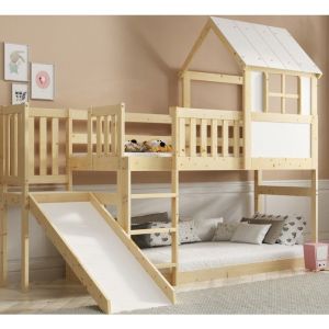 Lit superposé Mezzanine avec tobbogan dim.matelas 97x252, dim.matelas 90x200 Bois Massif Naturel 2 Places Barrière de sécurité Sommier Sans matelas