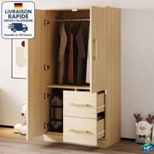 Armoire avec tringle à vêtements, meuble haut d'entrée chambre, meuble de rangement, 2 portes 2 tiroirs, 70x40x135 cm, en bois, naturel