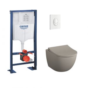 vitra Wc suspendu avec Abattant frein de chute + Bati support Grohe et Plaque de commande, plaque blanche, taupe mat