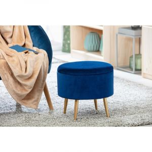 Alter Pouf conteneur rond, en velours bleu et structure en métal peint or, 41x41x38 cm