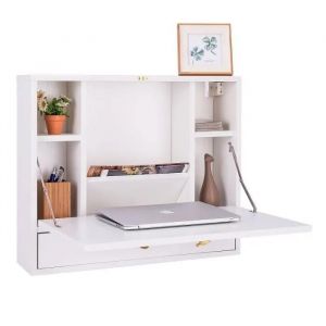 Costway Table Rabattable Murale Avec Etag&eacute;re De Rangement Int&eacute;gr&eacute;e En Mdf Blanc