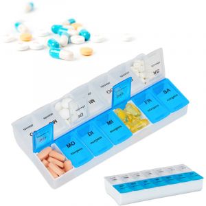 Relaxdays Pilulier 7 jours, lot de 2, 2 compartiments par pilulier, boîte médicaments semainier matin soir comprimés, blanc bleu