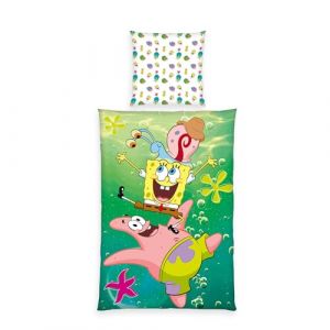 Herding Parure de Lit Bob l'Éponge, Taie d'oreiller 80 x 80 cm avec motif réversible, housse de couette 135 x 200 cm, Avec fermeture éclair, 100% coton/renforcé