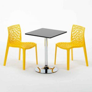Grand Soleil Table Noir et 2 Chaises Colorées Polypropylene Set Interieur Bar Café MOJITO | Gruvyer jaune - Noir - Carré