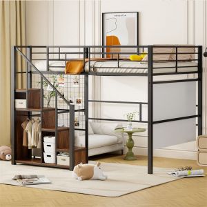 Lit mezzanine 140x200cm, lit enfant avec escalier de armoire de rangement, anti-chutes, structure en fer, noir