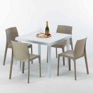 Image de Grand Soleil Table carrée et 4 chaises Poly rotin resine colorées 90x90 blanc | Rome Beige Juta