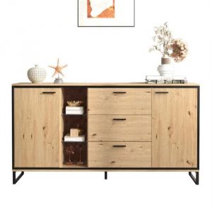 Commode LED avec 2 tiroirs 2 portes 1- Sideboard veinage exquis Buffet moderne avec compartiments de rangement meubles d'intérieu - Noir et couleur