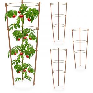 Relaxdays Tuteur &agrave; tomates en Lot de 4, m&eacute;tal et Plastique, Hauteur : 45 cm, 3 Anneaux r&eacute;glables, pour Plantes, Marron