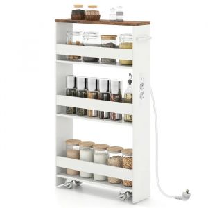 Chariot de Cuisine &Eacute;troit 13CM COSTWAY &agrave; 4 &Eacute;tag&egrave;res, Station de Recharge, Roues Verrouillables, Garde-Corps, Poign&eacute;e,Blanc et Noyer