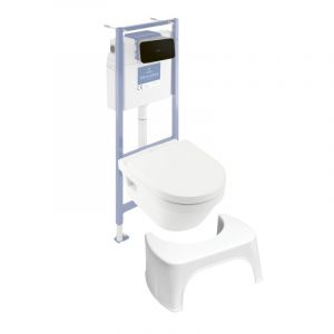 Villeroy & Boch Pack WC sans bride Architectura abattant + bâti-support sol et mur + plaque noir mat + Tabouret blanc