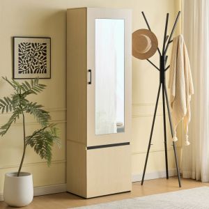 Ensemble vestiaire d'entr&eacute;e 54x34,5x179,5 cm - Avec miroir - Avec tringle &agrave; v&ecirc;tements r&eacute;tractable - 2 portes - MDF - Naturel