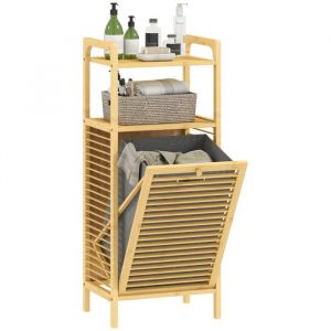 Homcom Meuble de Rangement à Linge en Bambou, Meuble de Salle de Bain avec étagère, Panier à Linge basculant, Porte à Lattes et Sac de Rangement Amovible, 40 x 30 x 95 cm, Effet Bois Naturel