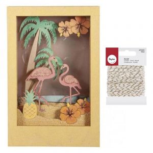 Rayher Cadre 3D en bois Flamant 20 x 30 x 6,7 cm + Ficelle dorée & blanche
