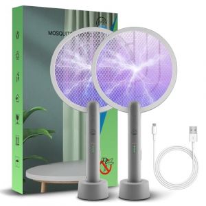 Mosiller 2-in-1 Electric Fly Swatter, 4000V with Charging Station, Portable Mosquito Swatter and UV Lamp, 3 Layers Net Protection (P