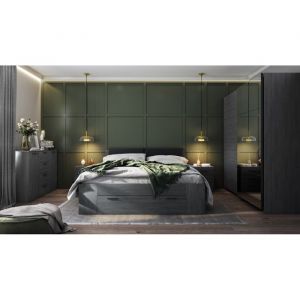 Meublorama - Chambre à coucher floyd : Armoire 220cm, Lit 180x200, commode, chevets. Coloris gris effet bois.