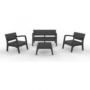 Pegane Salon de jardin ext&eacute;rieur de 4 places en r&eacute;sine anthracite (1 Canap&eacute; 2 places + 2 fauteuils + Table)