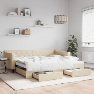 VidaXL Lit de Jour avec Lit Gigogne et Tiroirs, Canapé-lit avec Rangement, Lit d'Invité, Meuble de Chambre à Coucher Salon, Moderne, Crème 90x200 cm Tissu