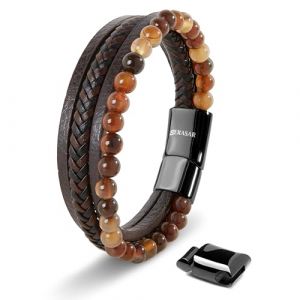 Bracelet en cuir v&eacute;ritable de qualit&eacute; sup&eacute;rieure SERASAR pour homme [Stone] en marron Perles en pierre naturelle 17 cm