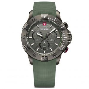 Wenger Montre pour Homme Seaforce Chrono Analogique Quartz, Chronograph, &Oslash; 43 mm, Swiss Made, &Eacute;tanche jusqu'&agrave; 200 m, Black Ice/Vert, Bracelet en Silicone Vert, 01.0643.127