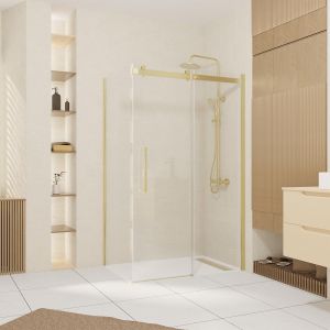 Aurlane Pack Porte de Douche Coulissante 120x200cm et Retour 80cm - Or Dor&eacute; Bross&eacute; et Verre tremp&eacute; 6mm
