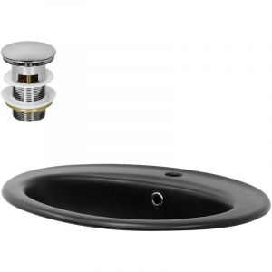 Lavabo en Céramique Noir Mat 57x48,5x19,5 cm avec Bouchon de Vidange 1 1/4 Universelle et Trop-Plein, Design Ovale, Vasque à Encastrer Moderne, Évier