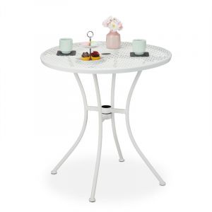 Relaxdays Table de jardin, avec trou pour parasol avec bouchon, aspect grillagé, acier robuste, HxD : 72x70 cm, blanc