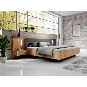 Lit avec chevets 140 x 190 cm - 2 tiroirs - Avec LEDs - Coloris : Naturel et anthracite - FRANCOLI