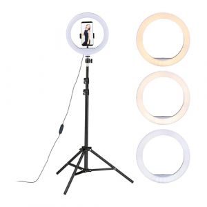 Relaxdays Anneau LED sur Pied, Lampe 10" réglable, créations artistiques, Photos, vidéos, Support Portable, Blanc - Noir