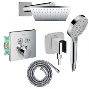 Hansgrohe Colonne de douche thermostatique ShowerSelect e Douche de t&ecirc;te Vernis Shape Flexible Metaflex Douchette Vernis b chrom&eacute;