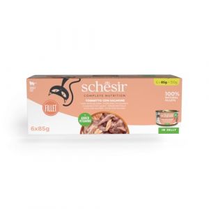 Schesir Ton au Saumon en gélatine, Nourriture Humide complète pour Chats, en boîte, avec vitamines ajoutées, 100% Naturel, 6 x 85 g