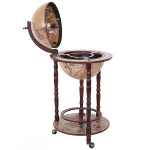 Mendler Bar de salon HWC-D83, minibar, étagère de vin, globe terrestre Ø 33cm, roulant, bois d'eucalyptus ~ marron