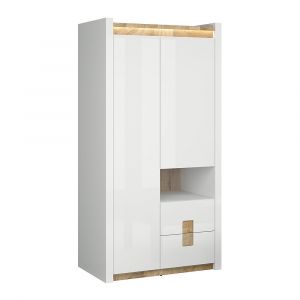 Image de SANS Armoire 2 portes 2 tiroirs 1 niche avec LED Helios Blanc laqué et Bois